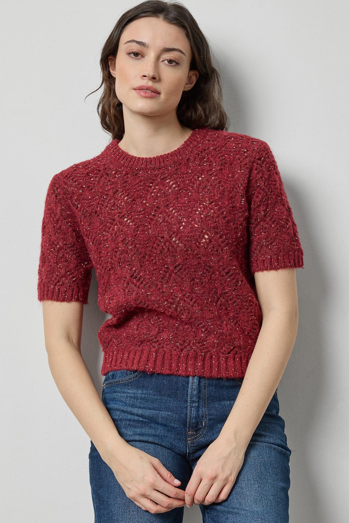 Short Sleeve Tinsel Sweater in color Port Tinsel Image A1