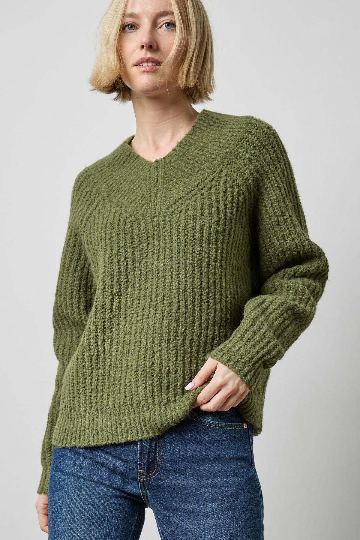 Lofty Wide V-Neck Sweater in color Loden Image A1