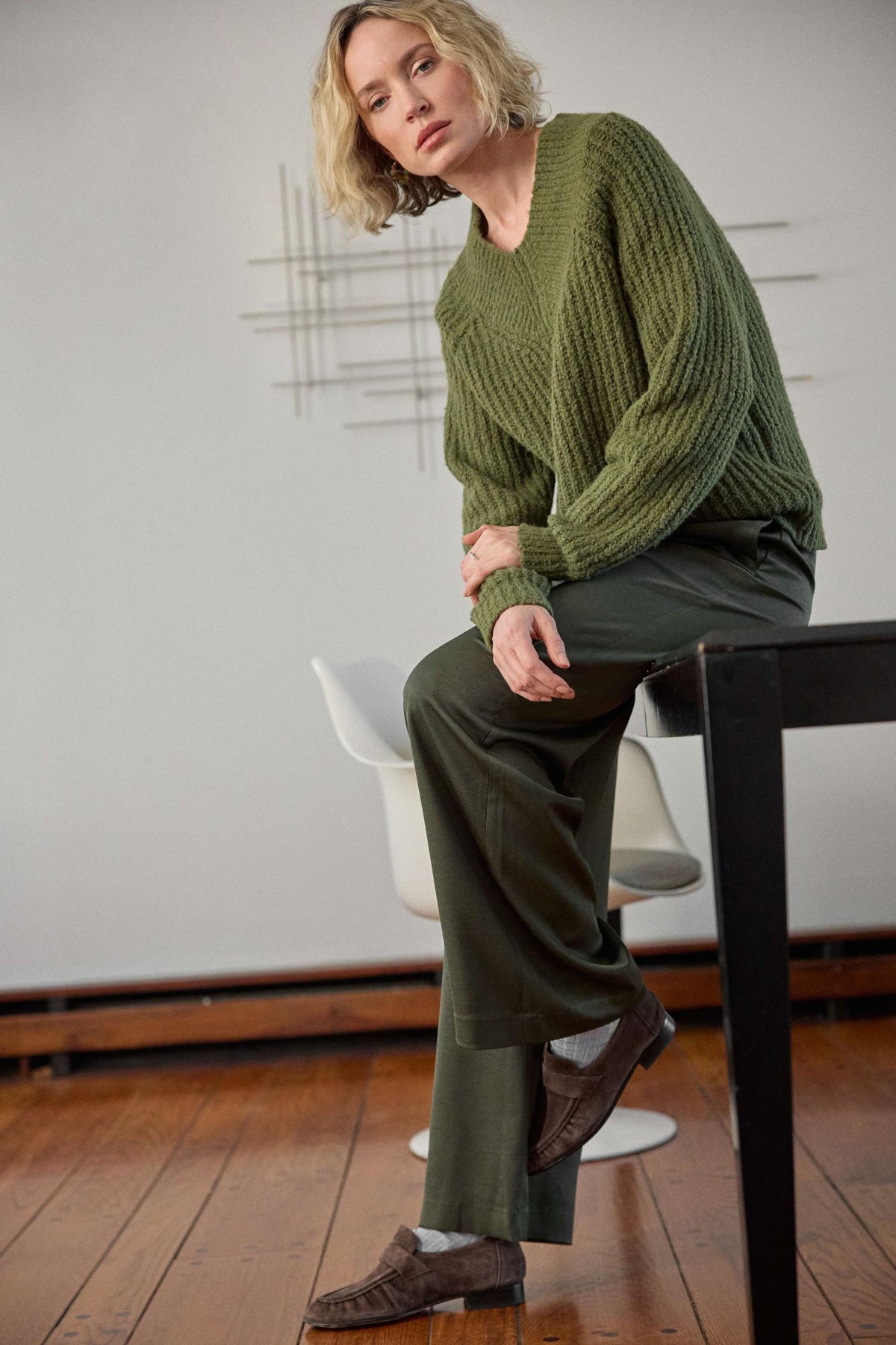Lofty Wide V-Neck Sweater in color Loden Image C1