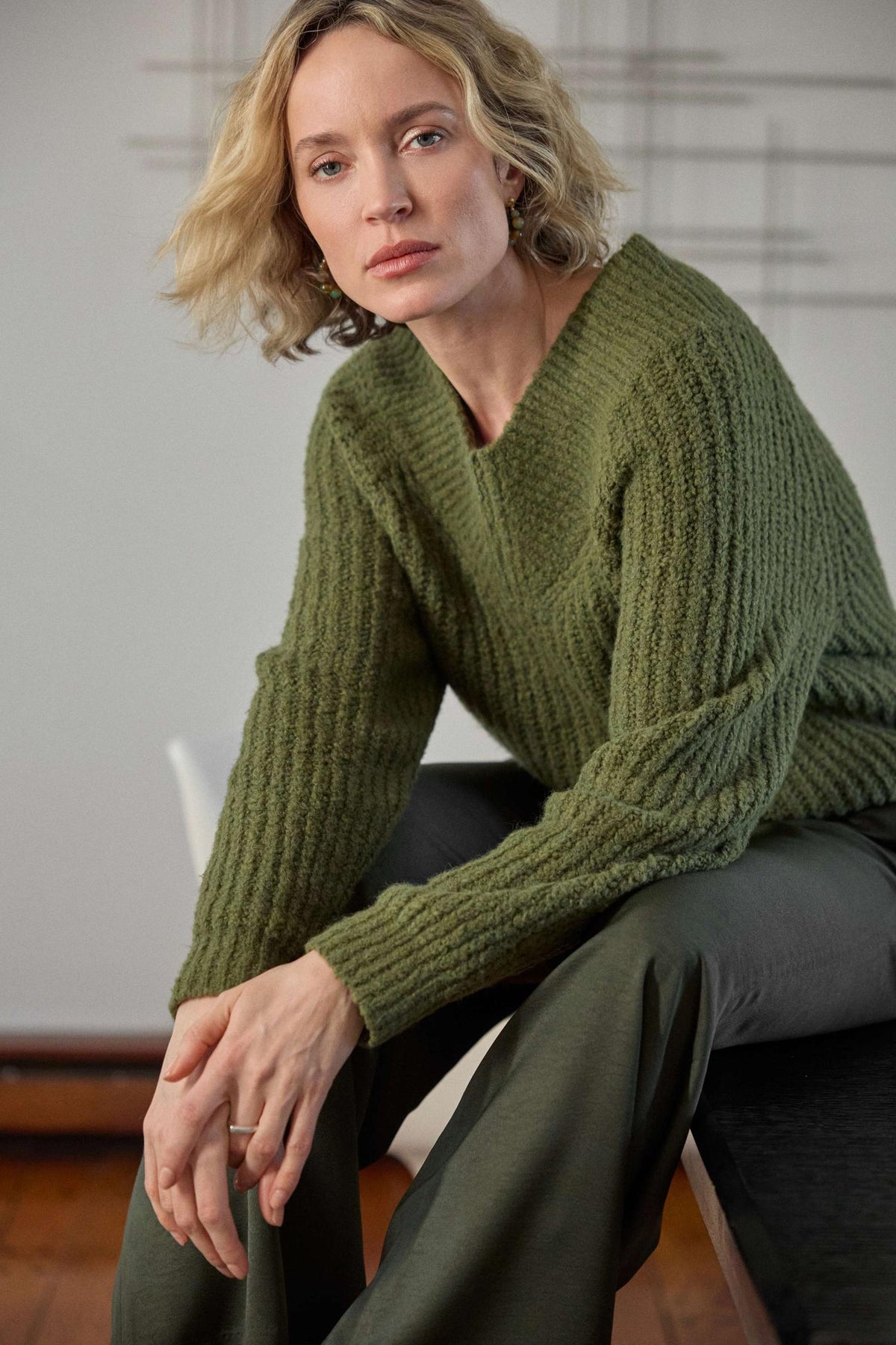 Lofty Wide V-Neck Sweater in color Loden Image C2
