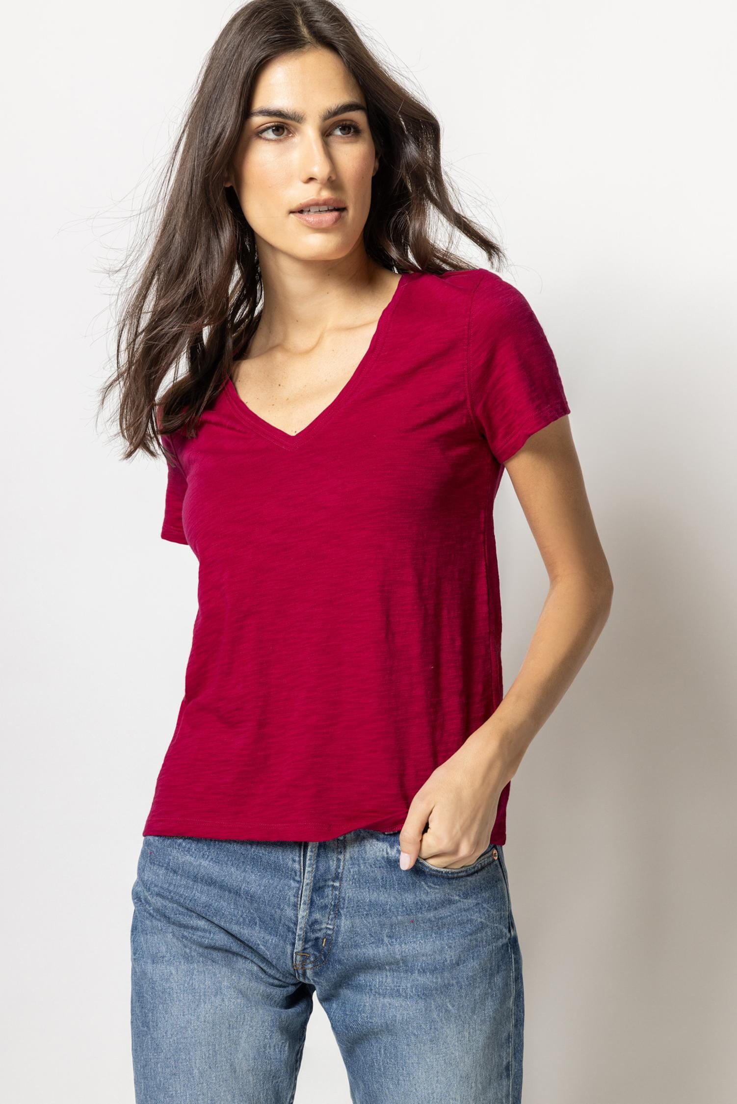 V-Neck Short Sleeve Back Seam Tee Womens Top Cerise A1