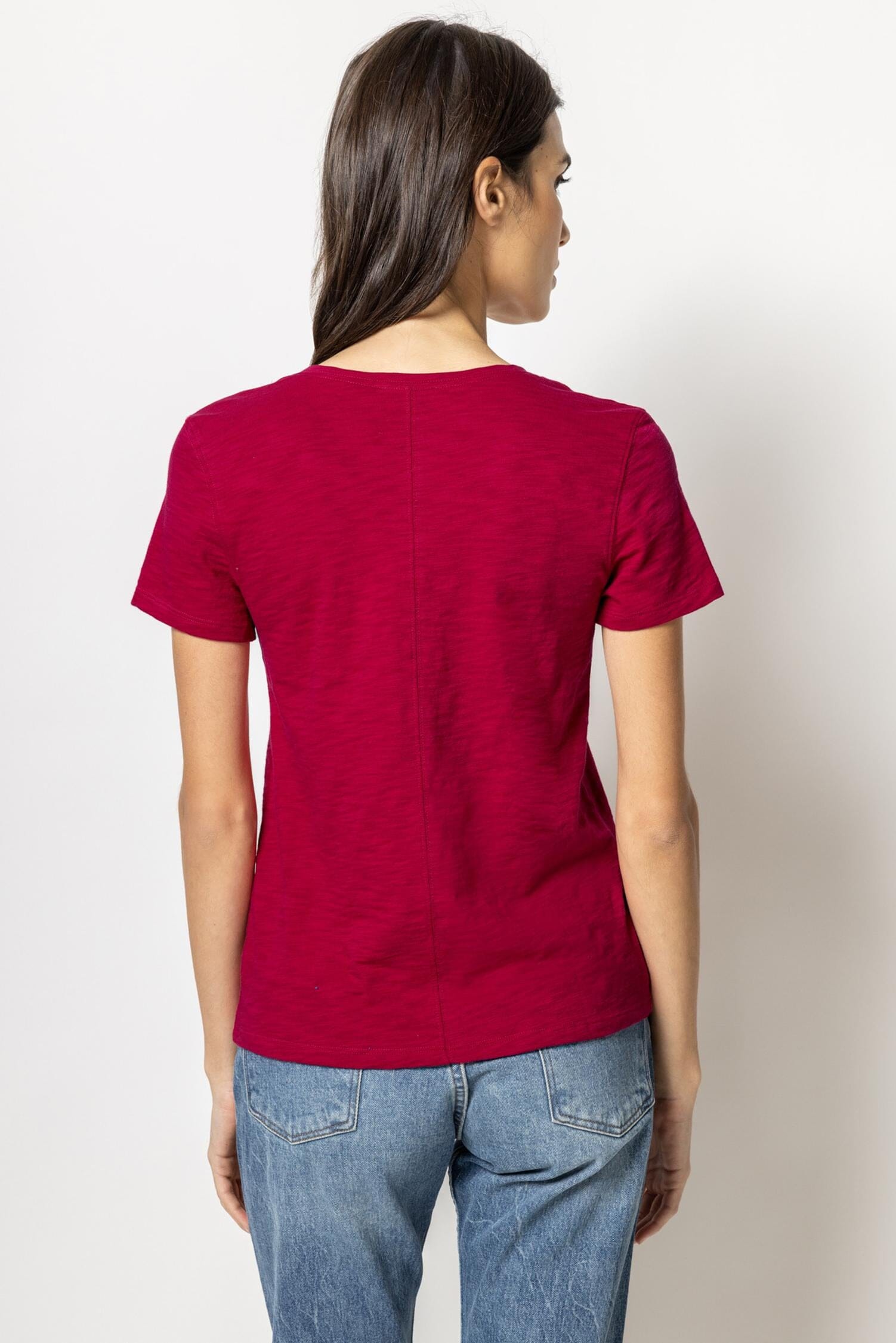 V-Neck Short Sleeve Back Seam Tee Womens Top Cerise A2