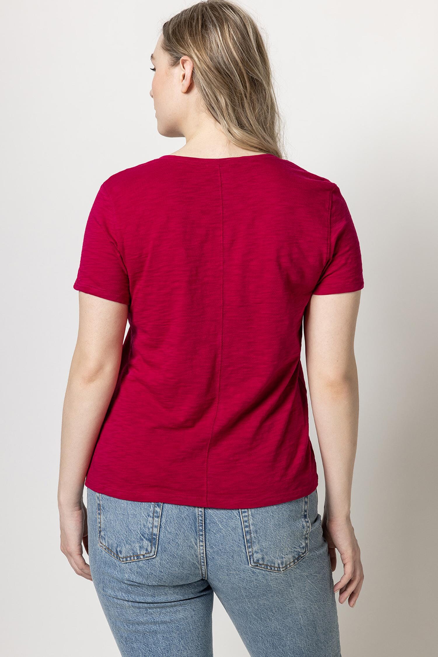 V-Neck Short Sleeve Back Seam Tee Womens Top Cerise A6