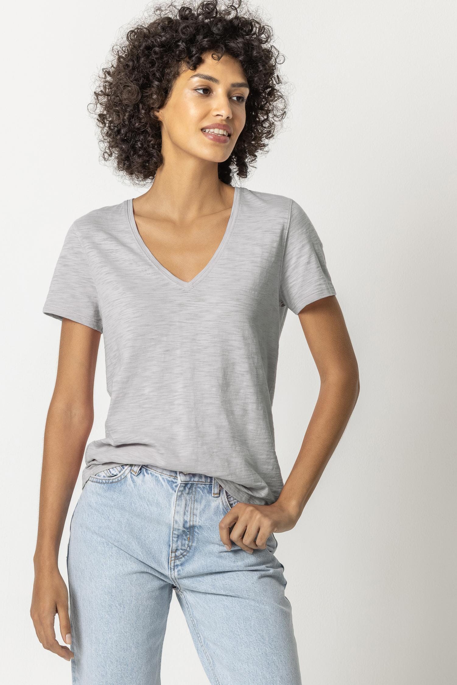 V-Neck Short Sleeve Back Seam Tee Womens Top Fog A1