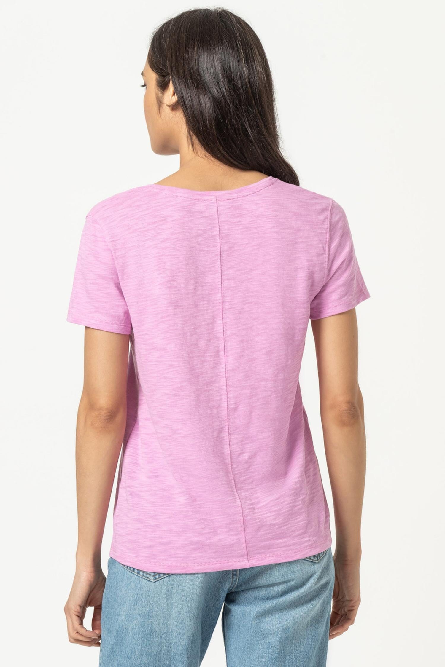 V-Neck Short Sleeve Back Seam Tee Womens Top Orchid A2