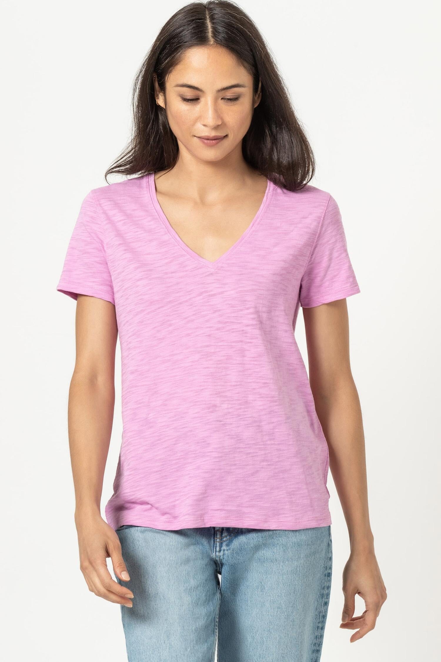 V-Neck Short Sleeve Back Seam Tee Womens Top Orchid A3