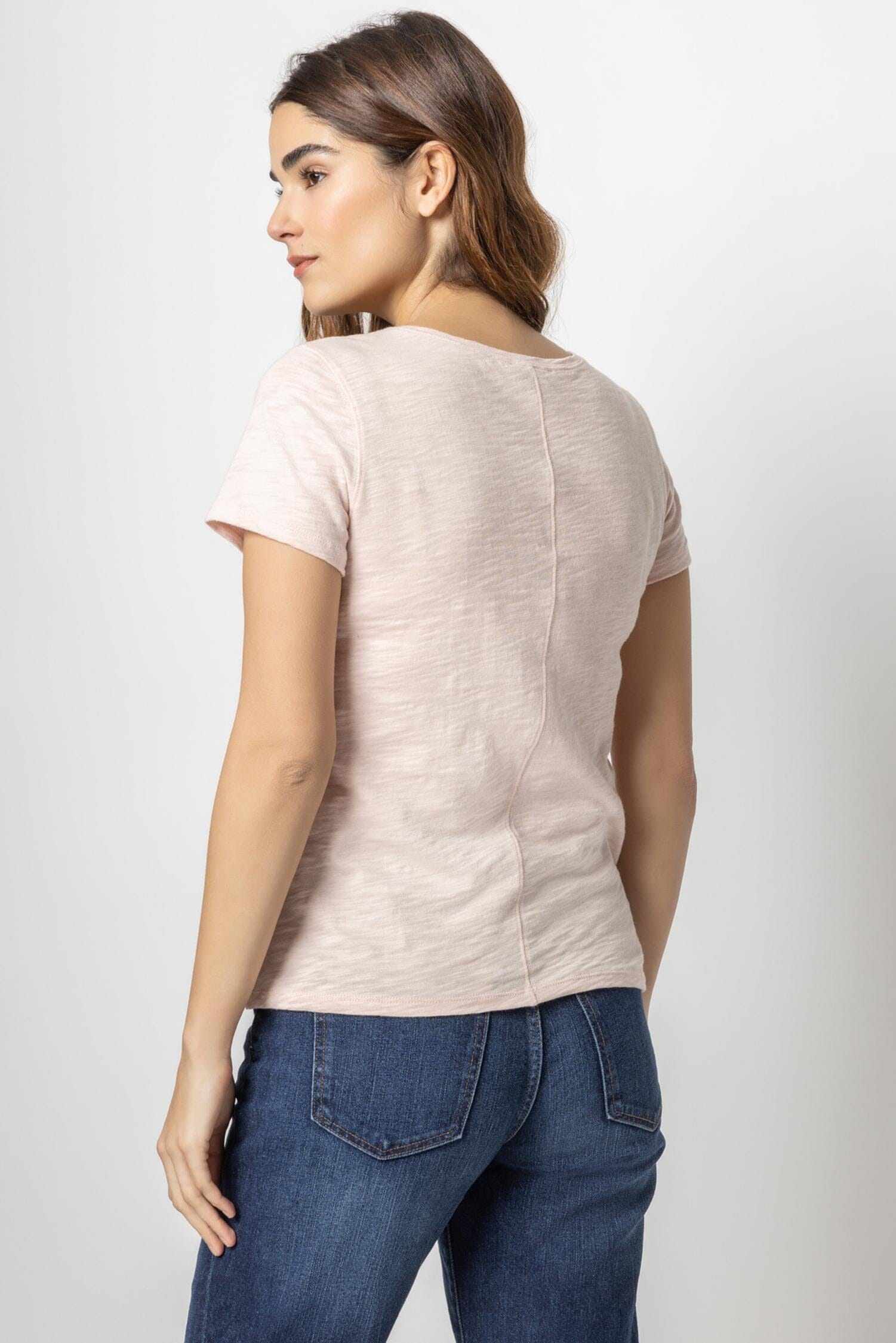 V-Neck Short Sleeve Back Seam Tee Womens Top Rosebud A2