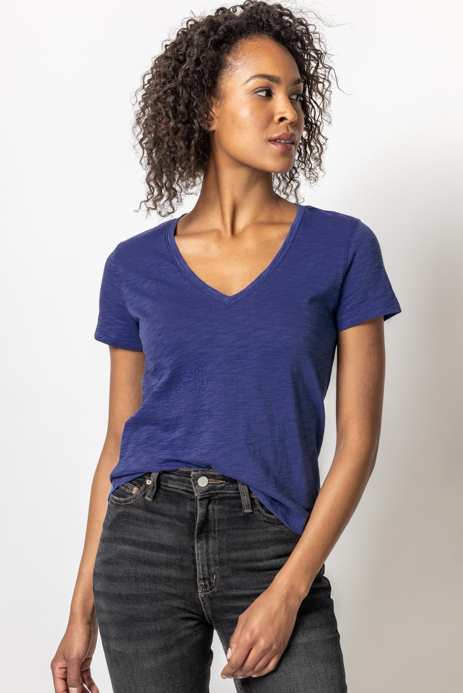 V-Neck Short Sleeve Back Seam Tee Womens Top Sapphire A1