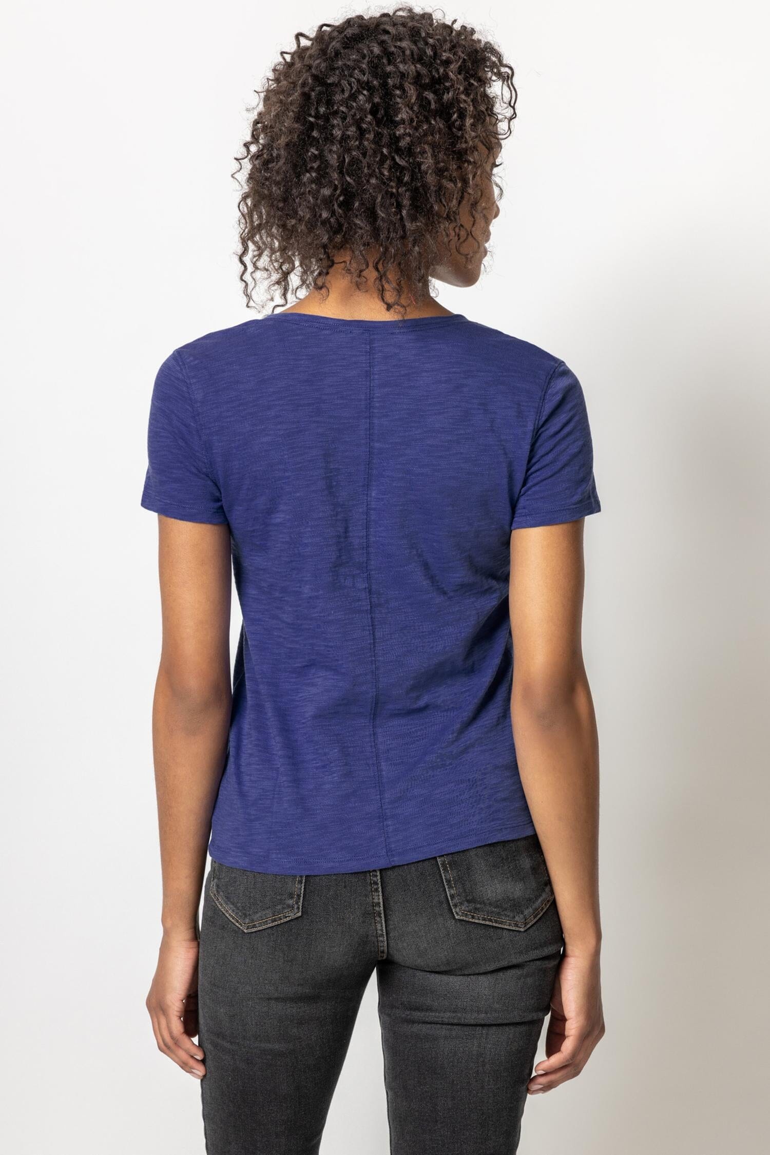 V-Neck Short Sleeve Back Seam Tee Womens Top Sapphire A2