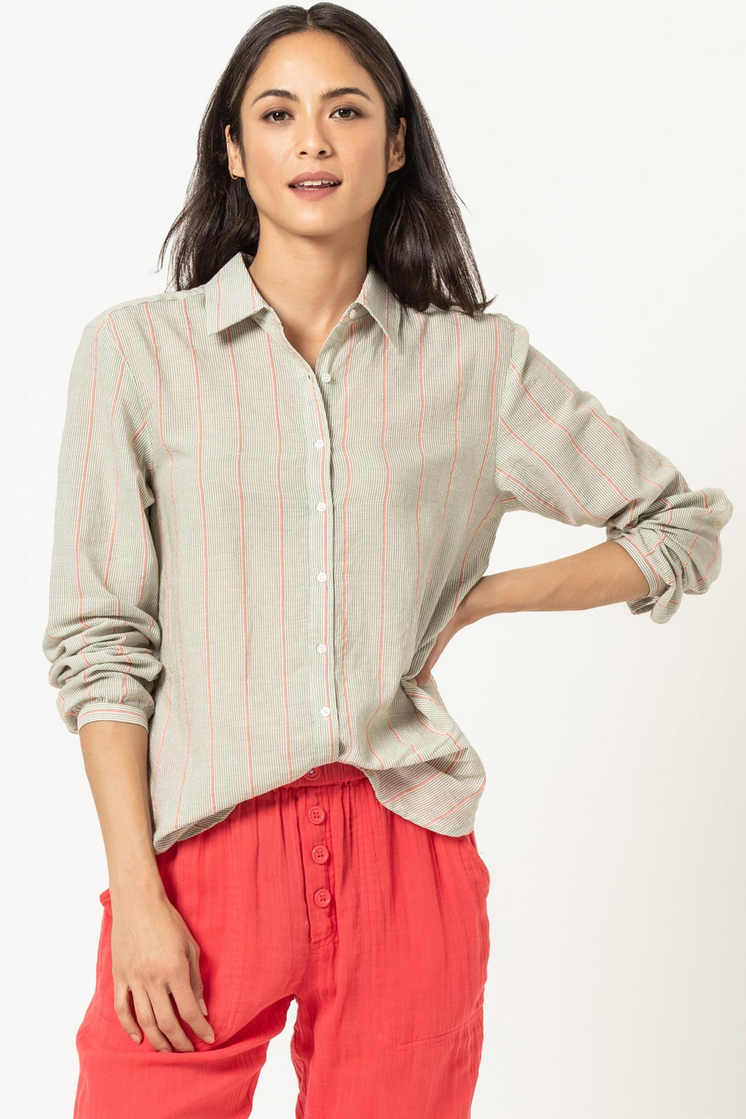 Boyfriend Button Down Womens Top Papaya Stripe A1