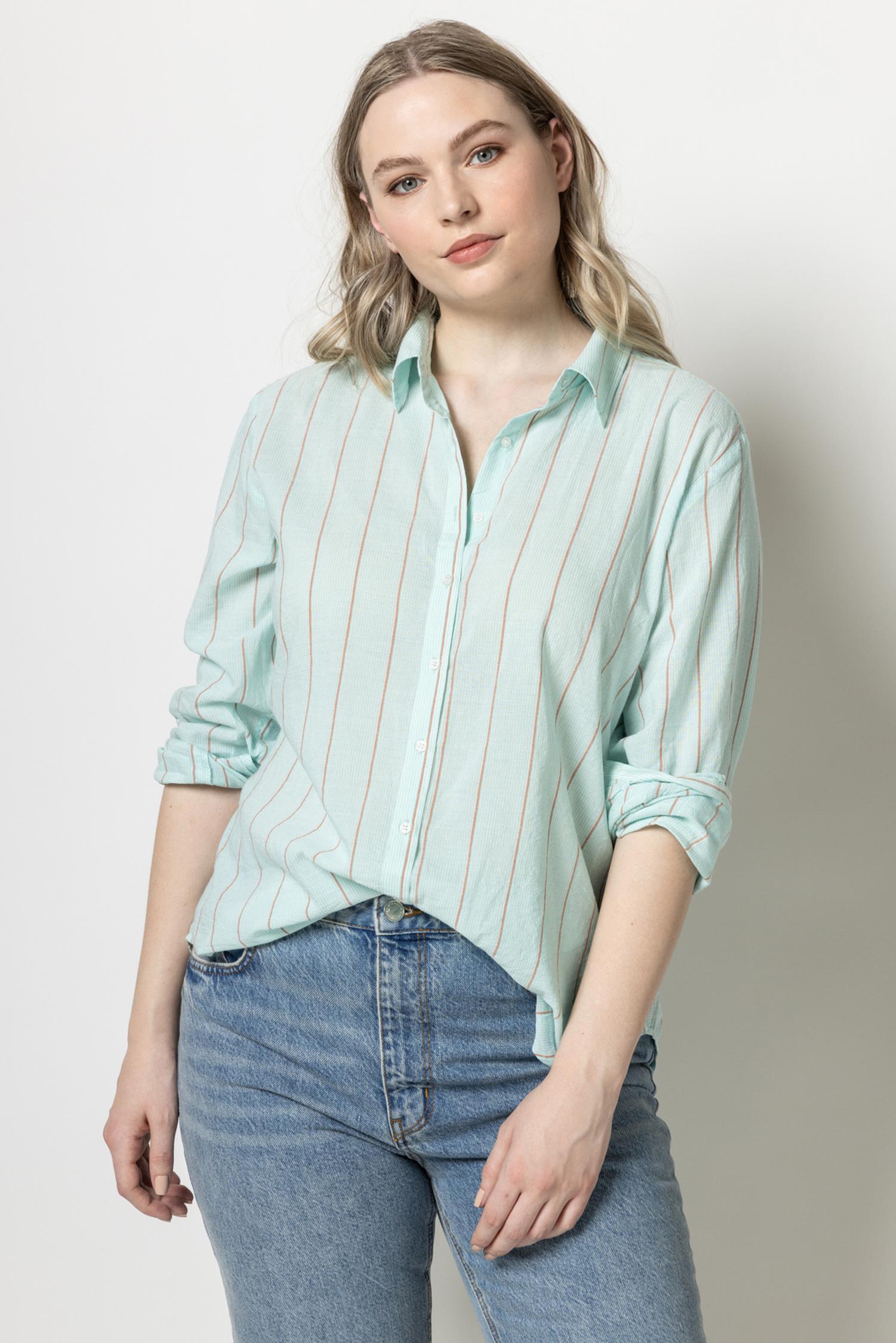 Boyfriend Button Down Womens Top Papaya Stripe A6