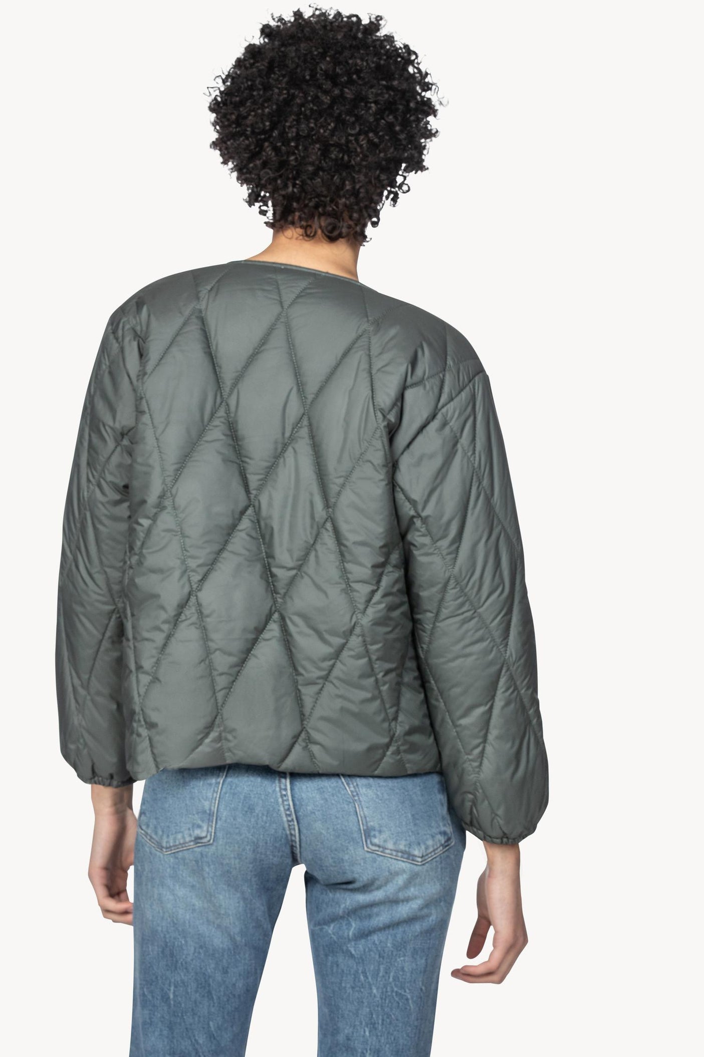 New Look collarless quilted jacket in light green