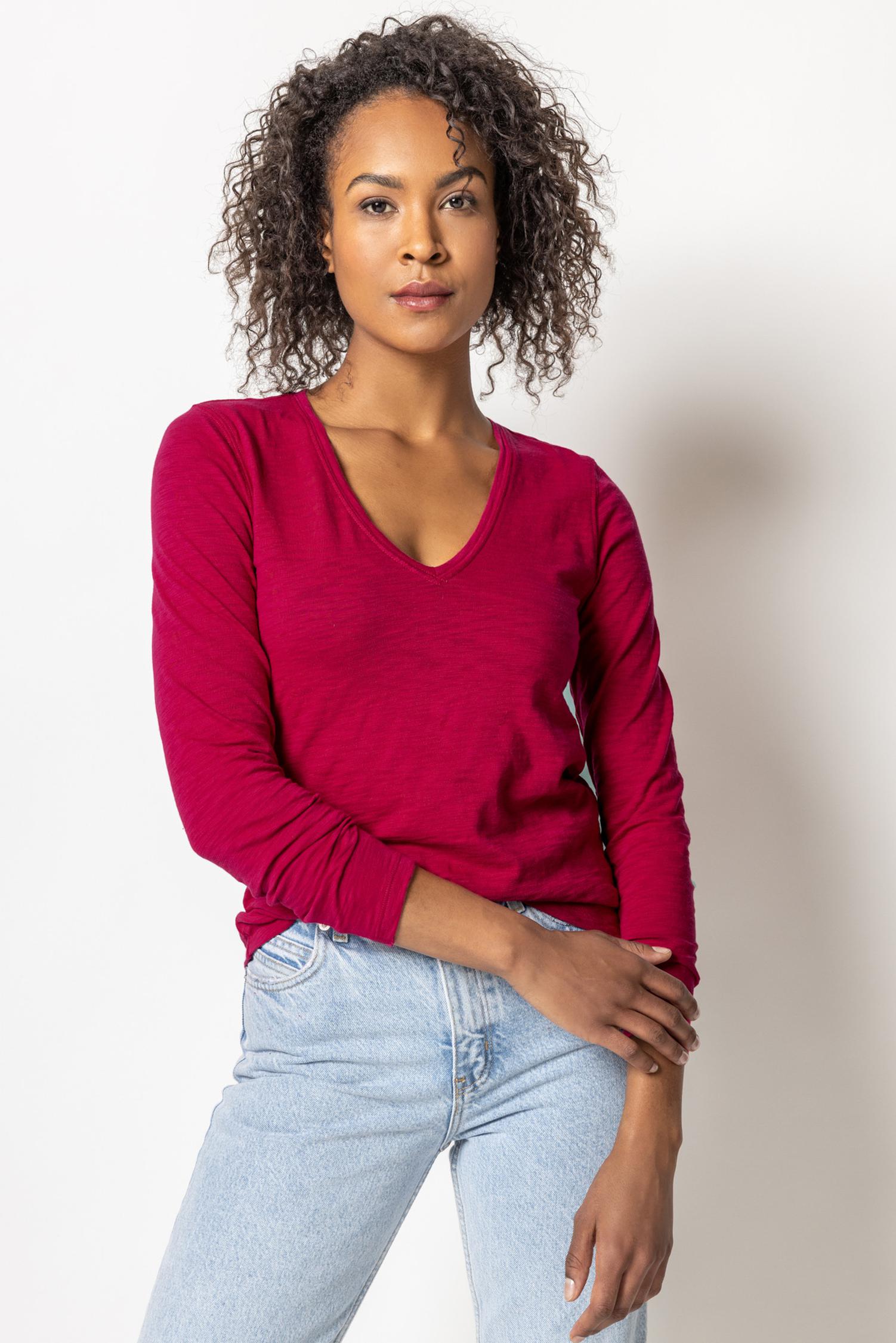 Back Seam Long Sleeve V-Neck Womens Top Cerise A1