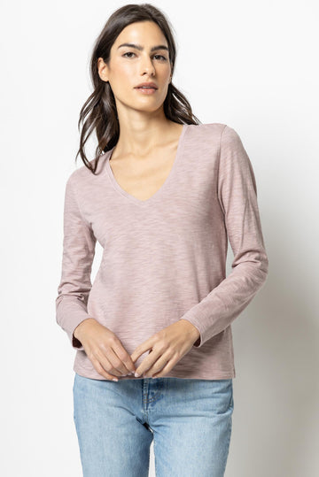 Back Seam Long Sleeve V-Neck Womens Top Dusty Rose A1