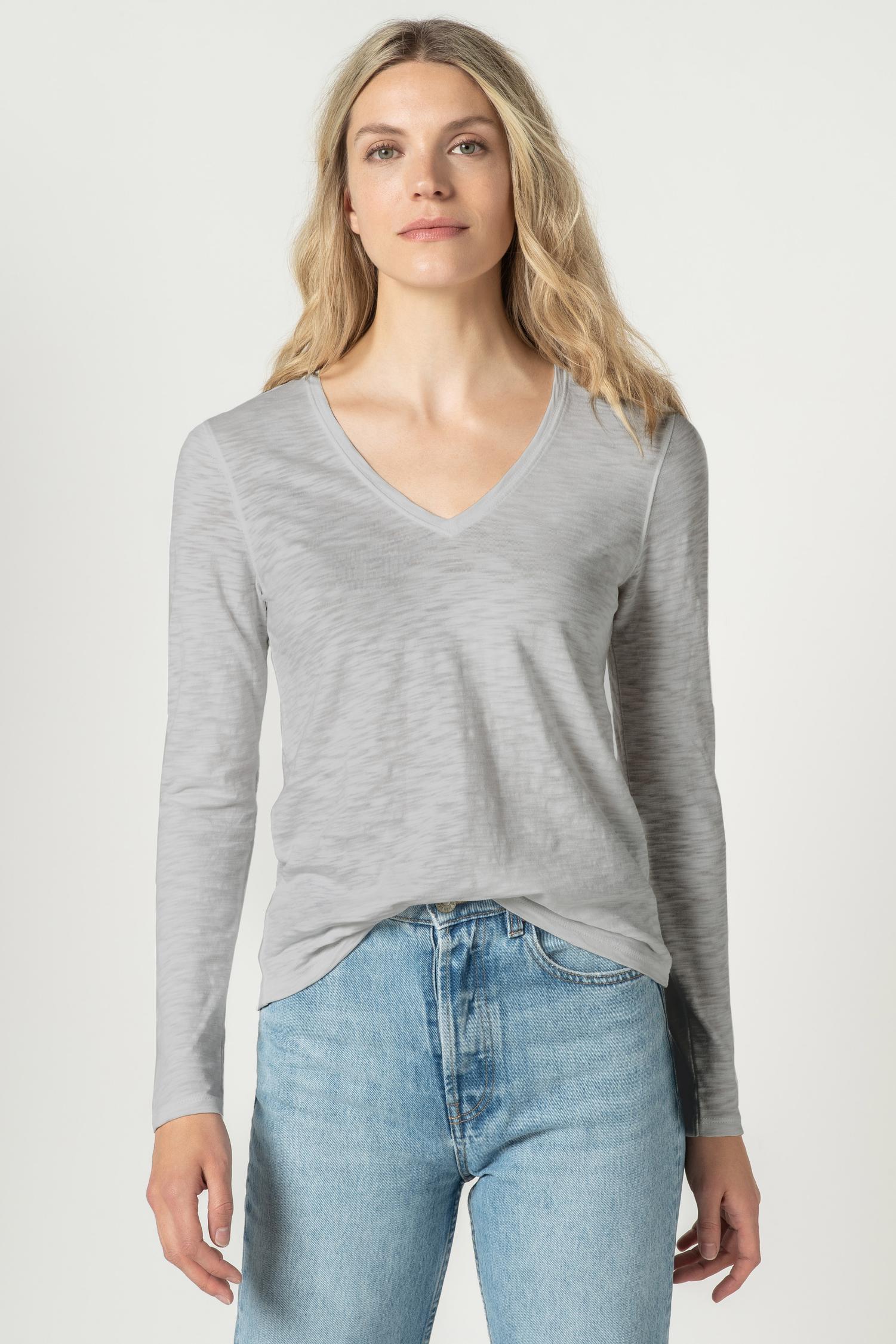 Back Seam Long Sleeve V-Neck Womens Top Fog A1