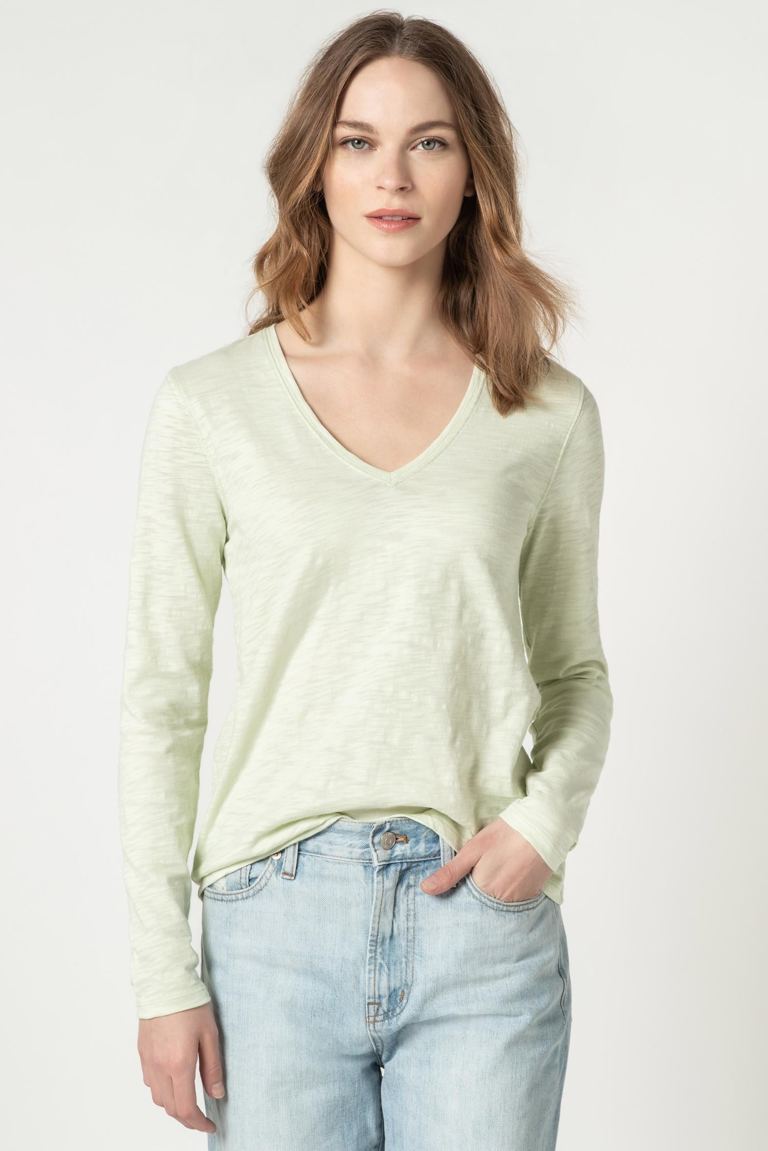 Back Seam Long Sleeve V-Neck Womens Top Meadow A1