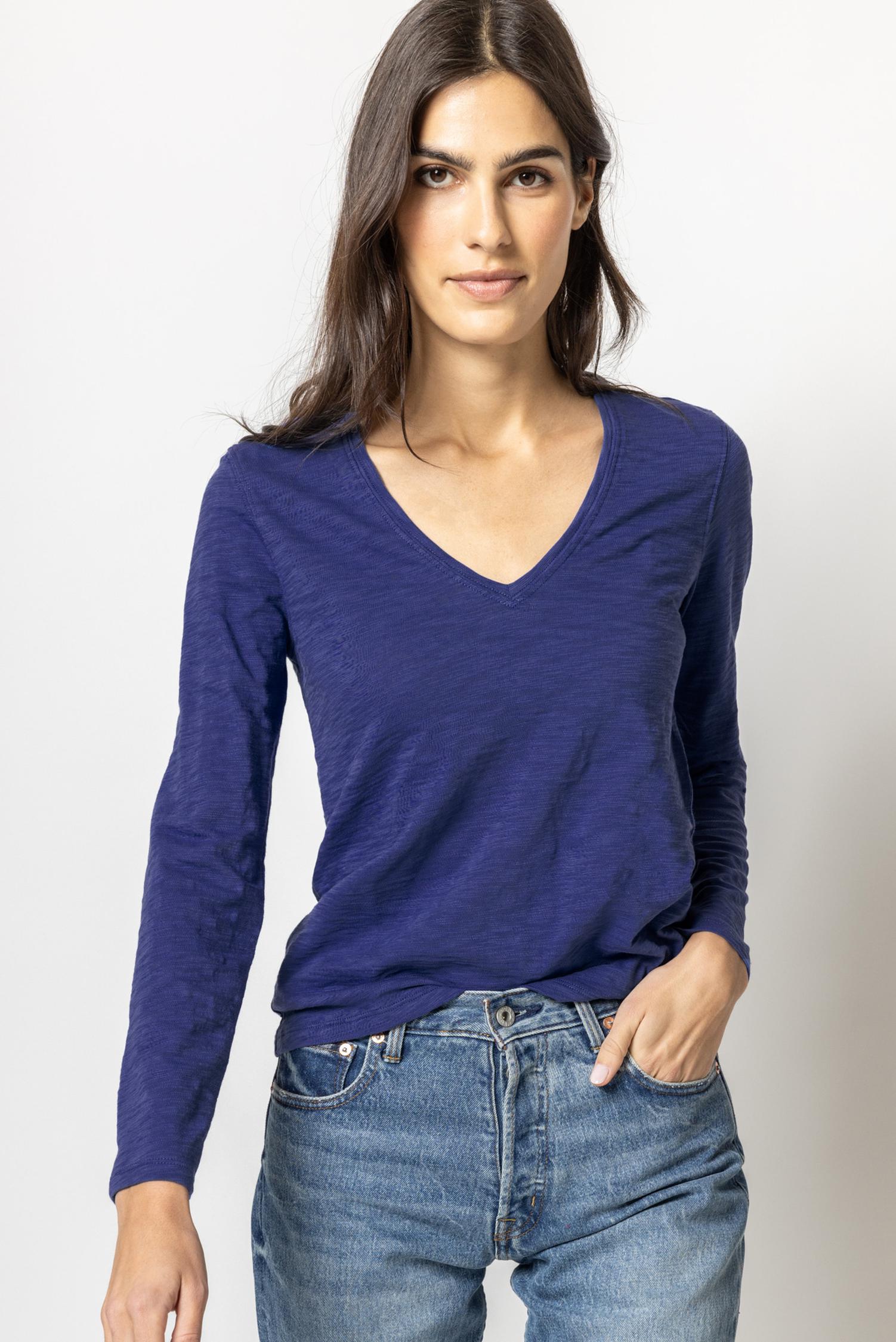 Back Seam Long Sleeve V-Neck Womens Top Sapphire A1