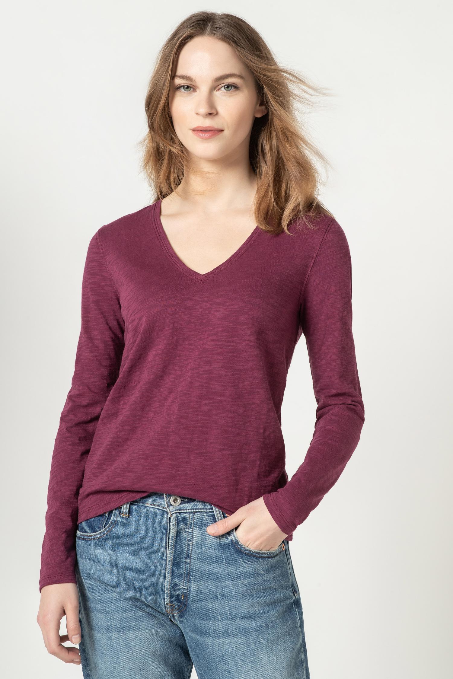 Back Seam Long Sleeve V-Neck Womens Top Sangria A1