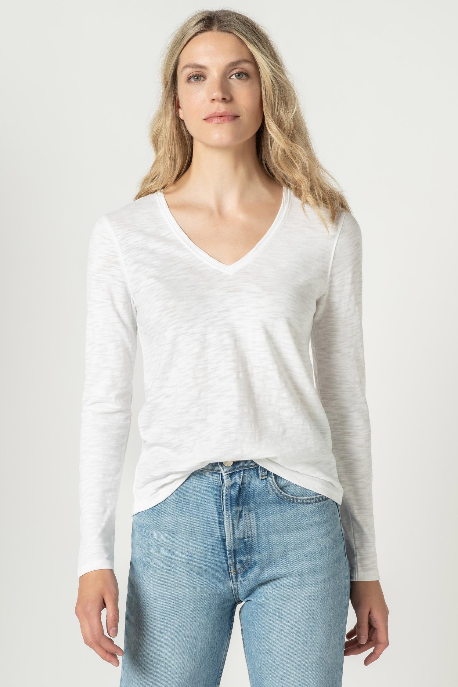 Back Seam Long Sleeve V-Neck Womens Top White A1