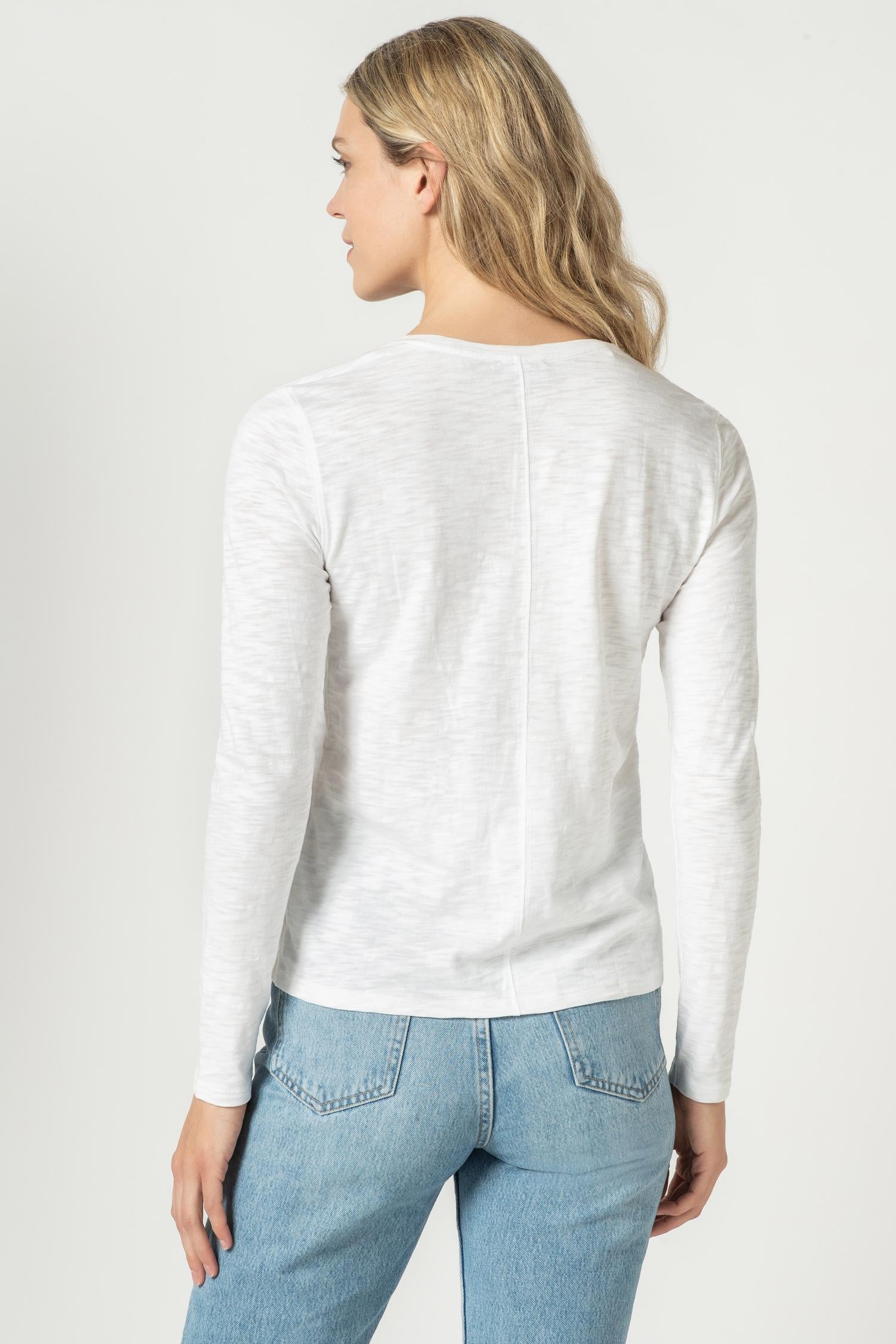 Back Seam Long Sleeve V-Neck Womens Top White A2