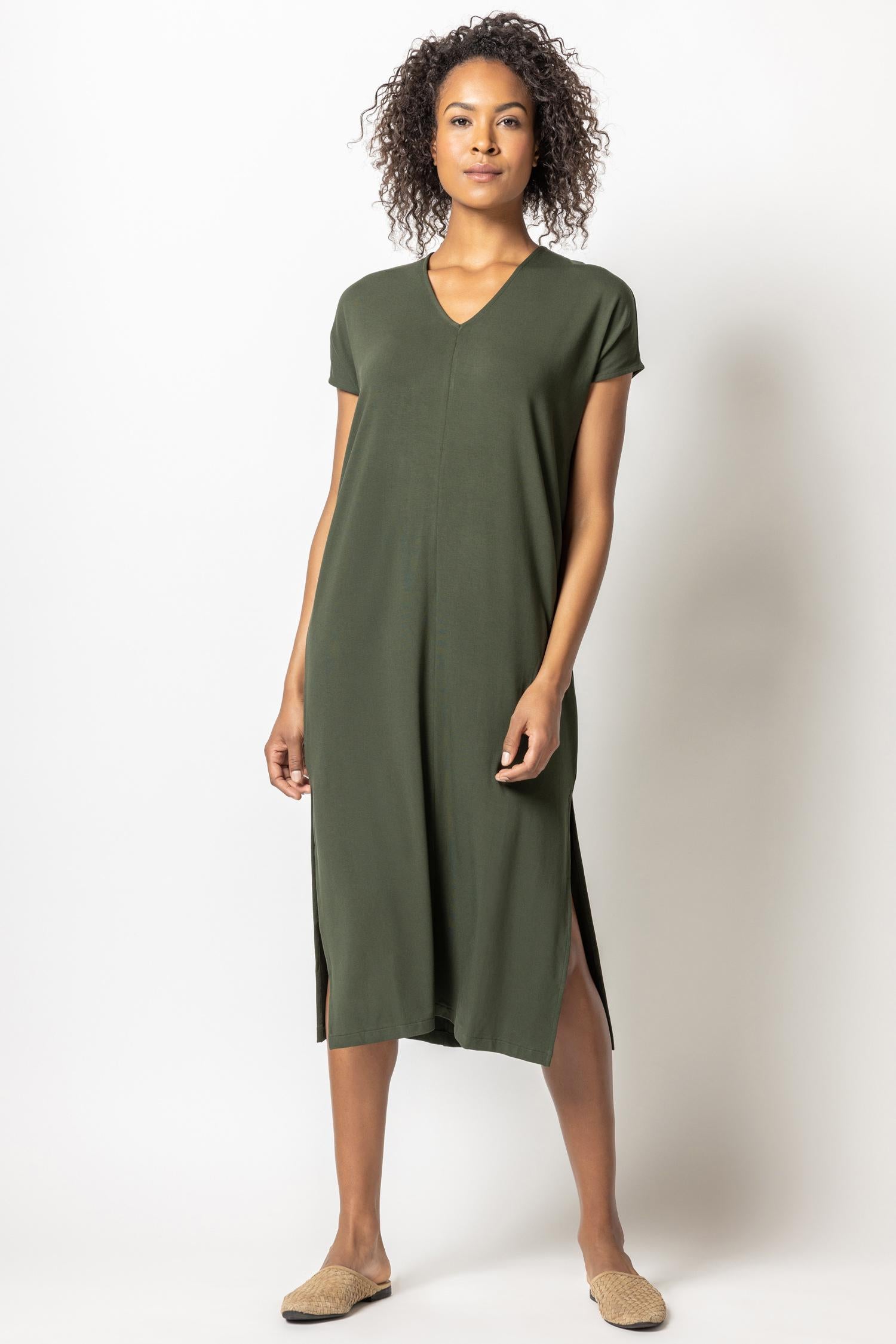 Double V-Neck Maxi Dress Womens Dress Olive A1