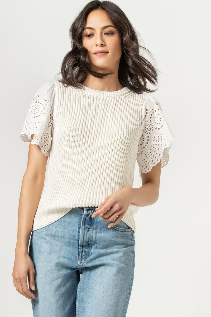 Eyelet Sleeve Crewneck Sweater