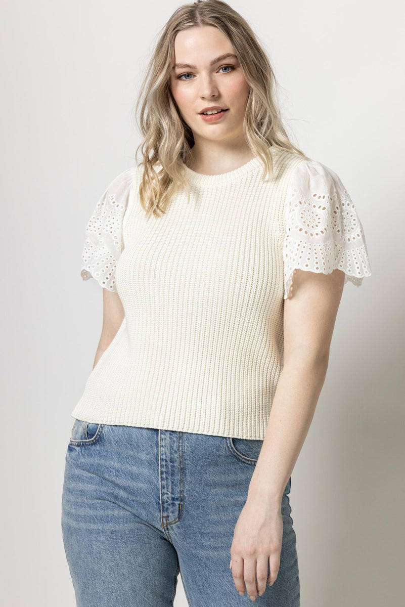 Eyelet Sleeve Crewneck Sweater