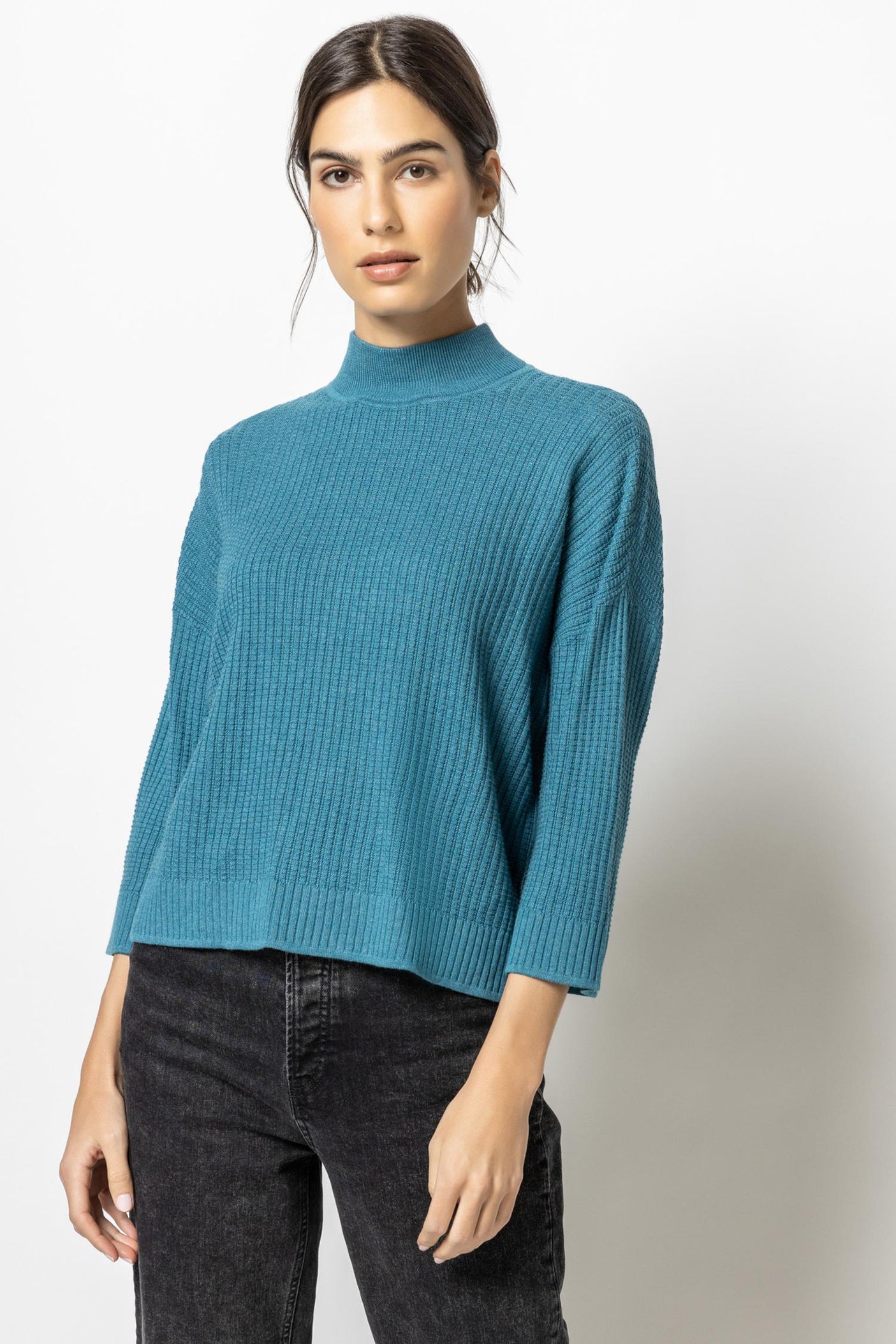 3/4 Sleeve Boxy Mock Neck Sweater
