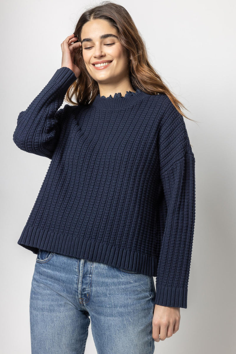 Eyelet Trimmed Crewneck Sweater