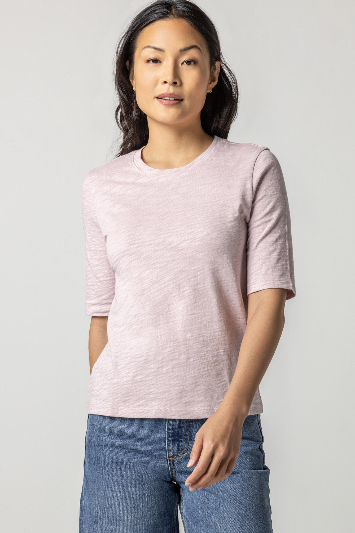 Elbow Sleeve Crewneck Womens Top Iced Lilac A1