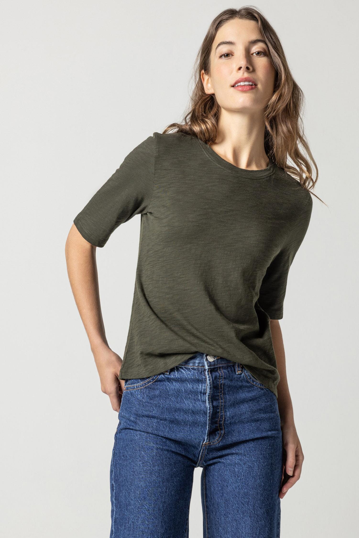 Elbow Sleeve Crewneck Womens Top Loden A1